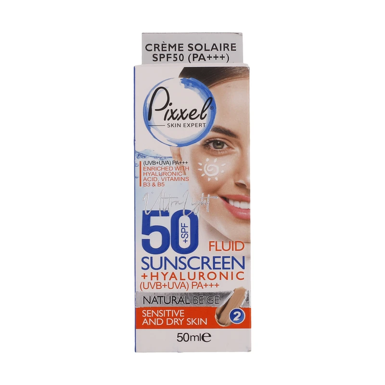 2 فلوئید ضد آفتاب SPF50 پیکسل رنگی بژ طبیعی مناسب پوست خشک و حساس Pixxel Natural Beige SPF50 Sunscreen Fluid for Dry and Sensitive Skin 50ml ضدافتاب ضد افتاب ضدآفتاب آفتاب کده افتاب کده