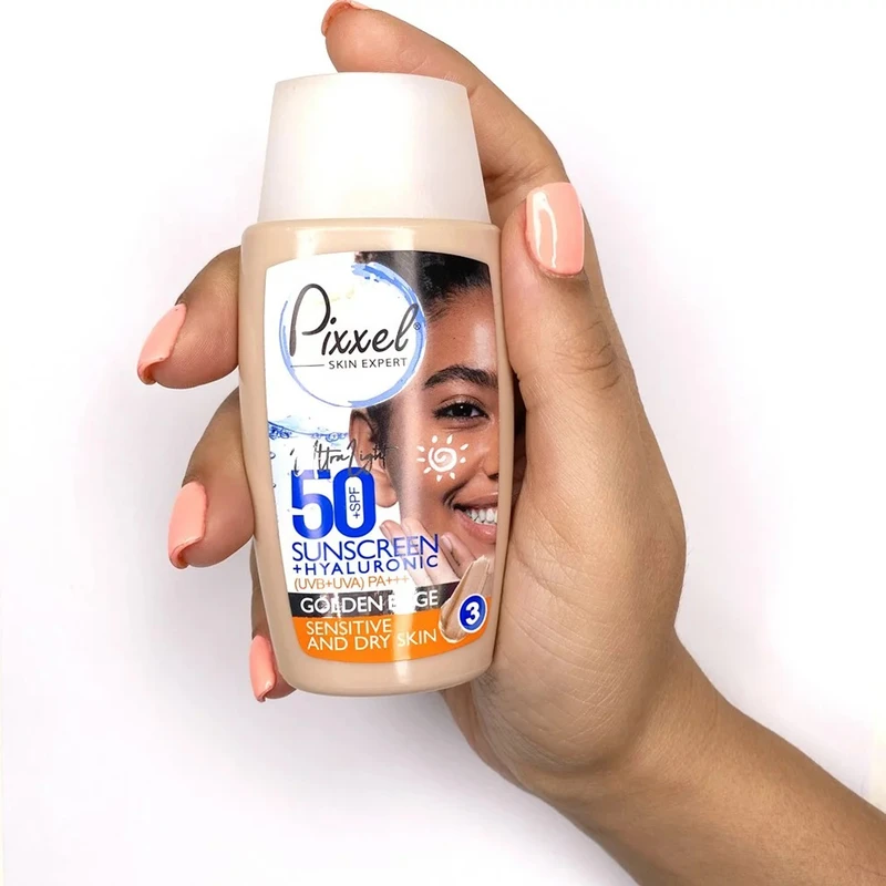 3 ضد آفتاب رنگی پیکسل SPF50+ مناسب پوست خشک و حساس بژ طلایی Pixxel Sunscreen Cream SPF50+ For Dry & Sensitive Skin ضدافتاب ضد افتاب ضدآفتاب آفتاب کده افتاب کده