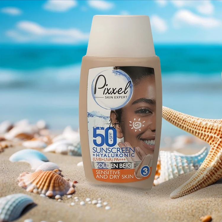 7 ضد آفتاب رنگی پیکسل SPF50+ مناسب پوست خشک و حساس بژ طلایی Pixxel Sunscreen Cream SPF50+ For Dry & Sensitive Skin ضدافتاب ضد افتاب ضدآفتاب آفتاب کده افتاب کده
