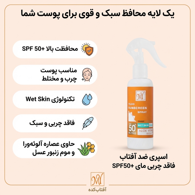 اسپری ضد آفتاب فاقد چربی مای SPF50+ مناسب پوست چرب و مختلط